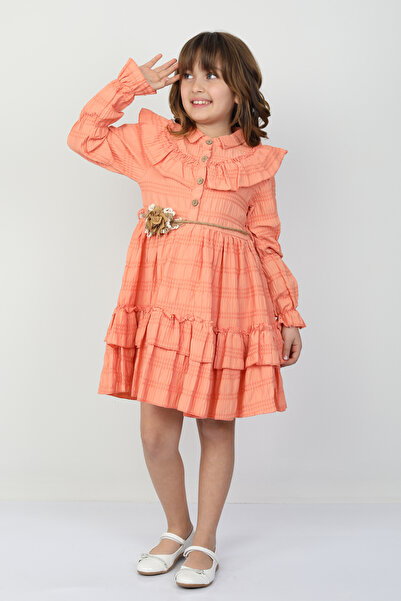 e-çocuk Girl's Rose Detailed Dress with Waist Tie Buttons