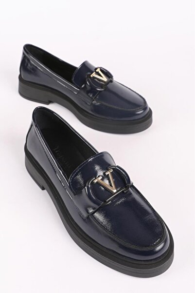 Hayati Arman Kadın Hakiki Deri Toka Detaylı Loafer Lacivert Rugan