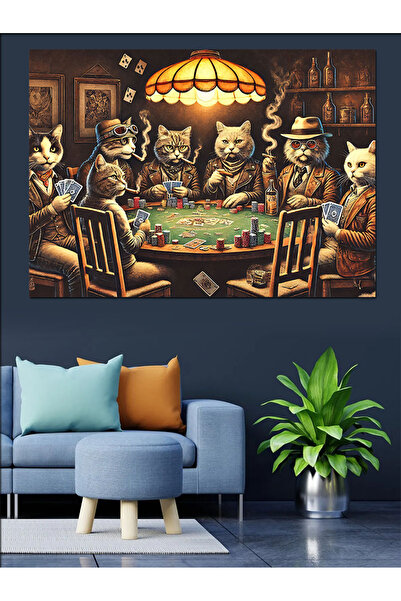 ekart Kedili Poker Masası Dekoratif Kanvas - Mdf Ahşap Tablo