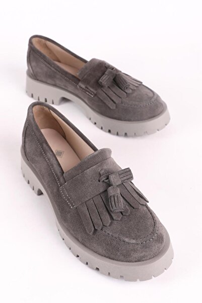 Hayati Arman Kadın Hakiki Deri Püsküllü Loafer Ayakkabı Süet Gri