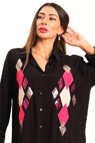 Keyifli Moda Women's Black Front Sequin Sequin Applique Embroidered Long Shirt Dress with Sleeve Epaulets