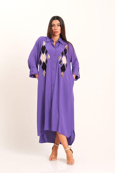 Keyifli Moda Women's Purple Front Sequin Sequin Applique Embroidered Long Shirt Dress with Sleeve Epaulets