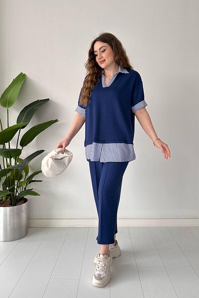 MaziButik Navy Blue Striped Modal Suit