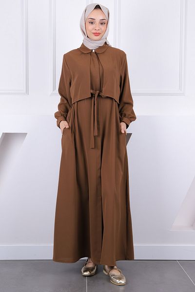 İmajButik Καφέ φόρεμα με ζώνη μέσης