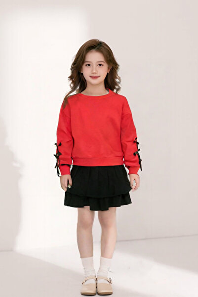 Trend Bebe Butik Kız Çocuk Kol Kurdela Detaylı Sweatshirt ve Siyah Fırfırlı Etek Takımı 2 Li Takım Şık Kombin