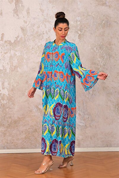 Keyifli Moda Rochie lungă cu mâneci cu volan albastru, cu nasturi în față, în straturi, cu model tropical