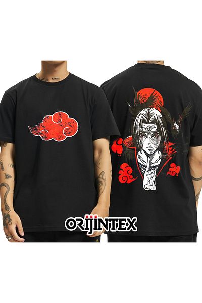 orijintex تي شيرت أسود مطبوع للجنسين من Naruto Uchiha Itachi Akatsuki من الأمام والخلف