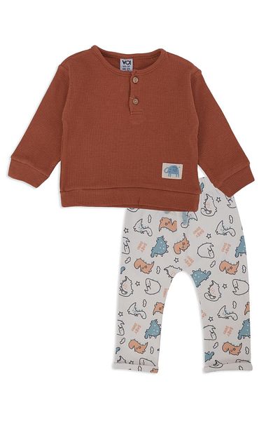 Bebelop Boy's Printed Waffle Embroidered 2-Piece Top and Bottom Set