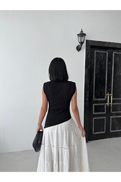 QUTTA Women's Black Padded Stand Collar Asymmetrical Crepe Blouse