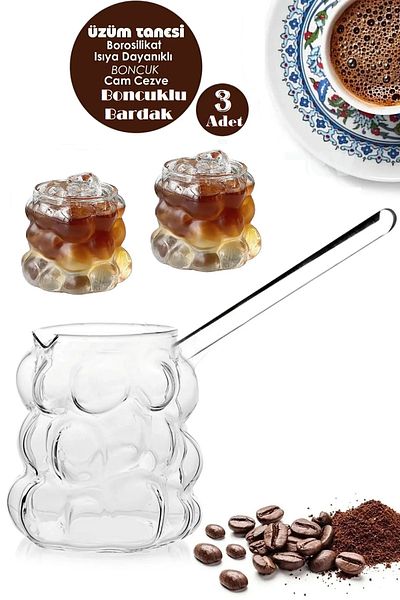 ORTAKÖY CENNETİ Heat Resistant Borosilicate Bead Model Glass Coffee Pot + Bead Cup Set Still Handle Glass Coffee Pot