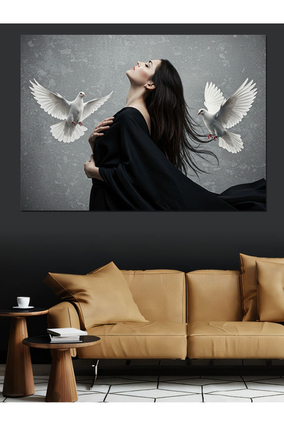 ekart Beyaz Güvercinli Kadın Dekoratif Kanvas - Mdf Ahşap Tablo