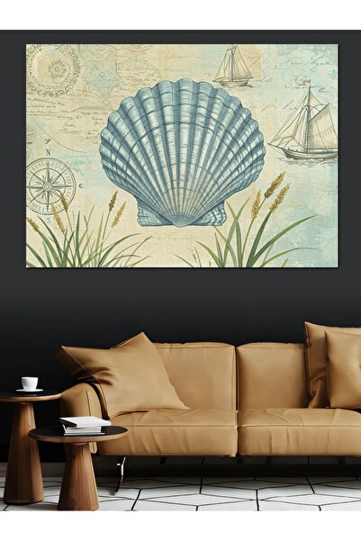 KanvasSepeti Маслена картина с морски черупки и ветроходна лодка, текстуриран...