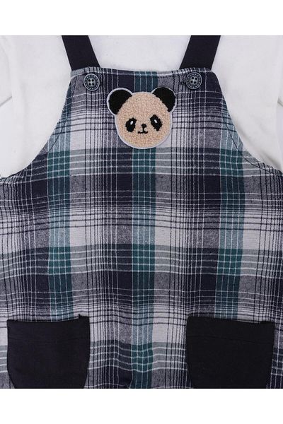 Bebelop Baby Boy Bear Embroidered Plaid Overalls T-Shirt Salopet 2-Piece Set