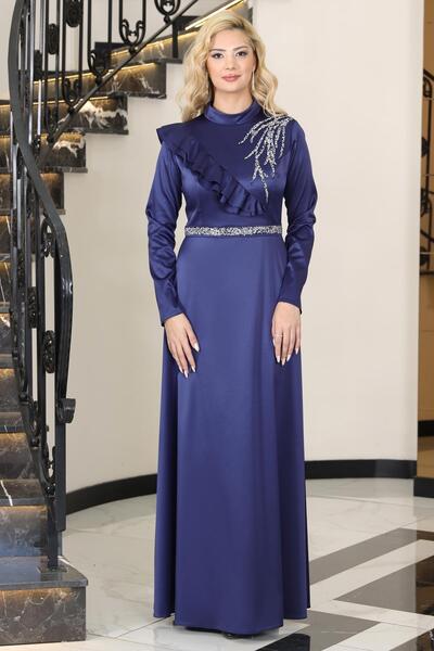 SUBU TASARIM Ada Saten Stone Evening Dress Navy Blue Tbselb72