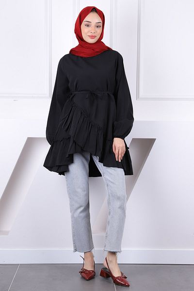 İmajButik Black Skirt Layered Ruffled Tunic