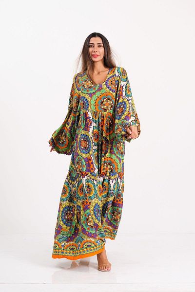 Keyifli Moda Women's Green V-Neck Balloon Sleeve Ethnic Patterned Long Dress