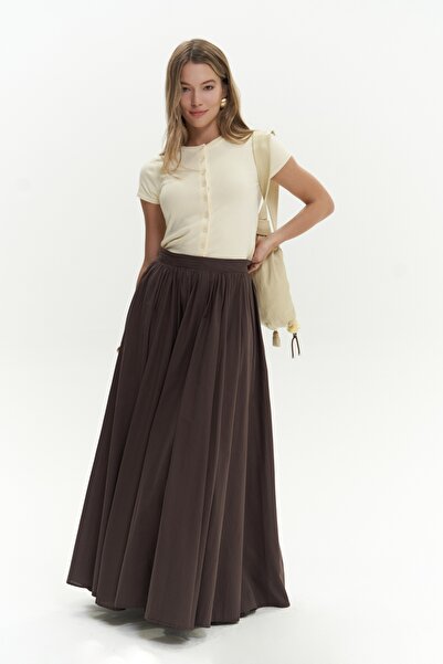 BOHEMAİ Faylinn Pileli Uzun Kahve Etek