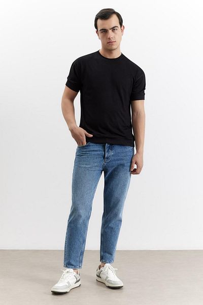 TENA Men's Black Crew Neck Sleeve Hem Bias Basic T-Shirt