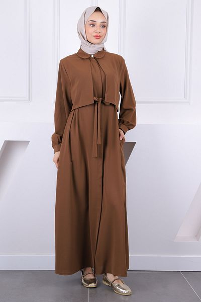 İmajButik Καφέ φόρεμα με ζώνη μέσης