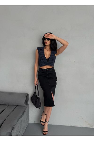 Zeo Basic FUSTA JEAN LICHRA DE LUNGIME MIDI CU SLIT