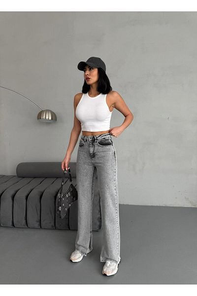 Zeo Basic Slit Detail Pipe Leg Gray Snow Wash Jean
