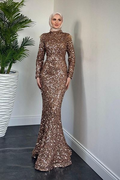MERVEN AKYÜZ Βραδινό φόρεμα Lalin Sequined Fish Χάλκινο