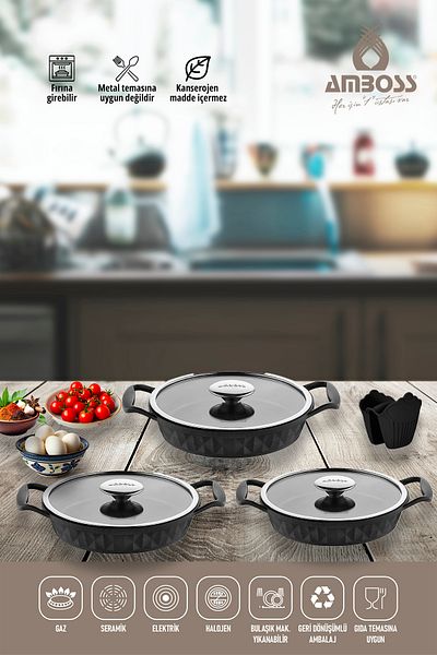 Amboss 6 Piece Cast Titanium Coated Fireproof Non-Stick Pan Set with Quartz Glass Lid