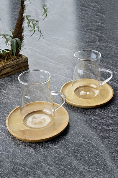 Tilbe Home Set of 2 Bamboo Lid Morning Tea Cups, Heat Resistant 180 ml