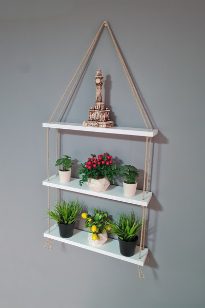 Green Life Design Jüt Halatlı Çok Amaçlı Üç Katlı Duvar Rafı Çiçeklik Dekorat...