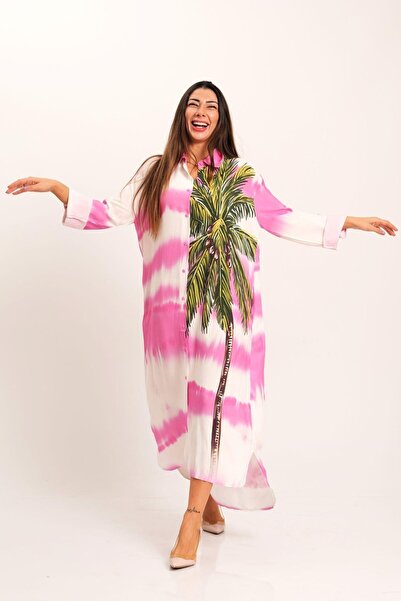 Keyifli Moda Women's Pink Tropical Print Long Shirt Dress with Epaulets and P...