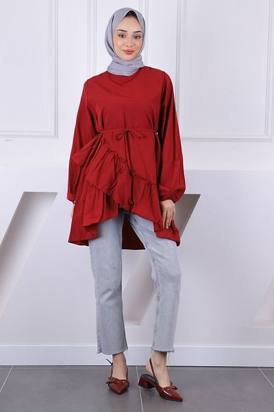 İmajButik Burgundy Skirt Tiered Ruffle Tunic