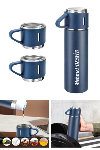 Deco Elit Kişiye Özel Paslanmaz Çelik Termos 3 Bardaklı Termos Seti Vakumlu K...