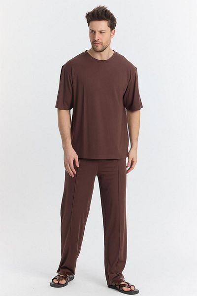 TENA Men's Brown Crew Neck Modal Fabric Basic T-Shirt with Side Slits