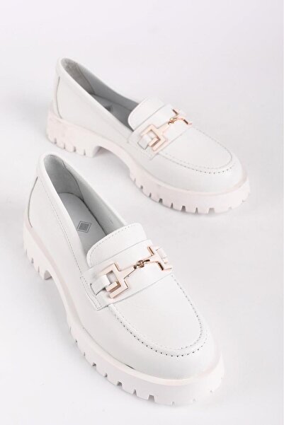 Hayati Arman Women's Genuine Leather Buckle Detailed Loafer Shoes White