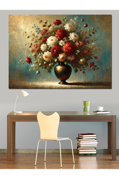 KanvasSepeti Flori clasice într-o vază Pictură în ulei decorativă Texturată Pânză de înaltă calitate Pictură pe pânză 140 x 70 cm