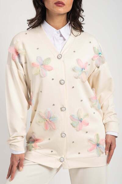 Hatun Atila Hatunatila Tulle Flower and Pearl Detailed Cardigan Modal Double Set 7927 - Ecru