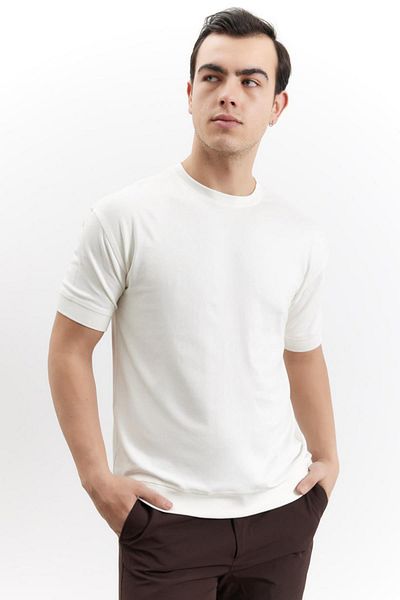 TENA Men's Ecru Crew Neck Sleeve Hem Bias Basic T-Shirt