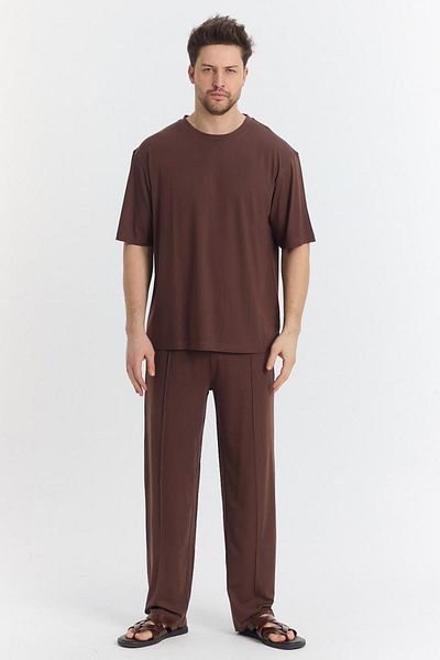 TENA Men's Brown Crew Neck Modal Fabric Basic T-Shirt with Side Slits