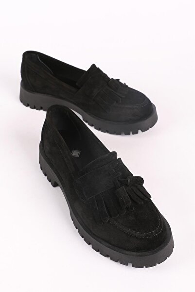 Hayati Arman Kadın Hakiki Deri Püsküllü Loafer Ayakkabı Süet Siyah