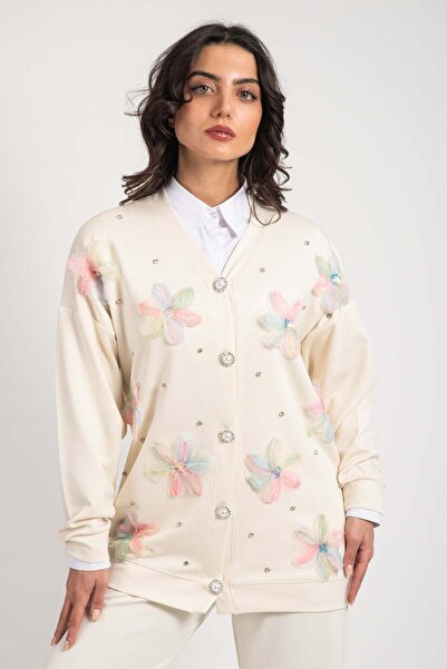 Hatun Atila Hatunatila Tulle Flower and Pearl Detailed Cardigan Modal Double Set 7927 - Ecru