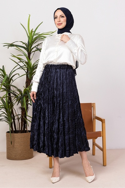 Bestenur Elastic Waist Skirt with Stones 1401 - Navy Blue