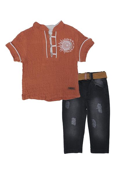 Bebelop Boy's Embroidered Buttoned Short Sleeve Shirt Jeans Shorts Set of 2