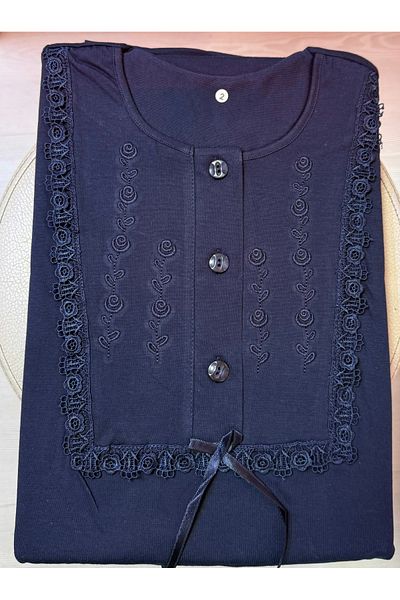 PİCAMABOX Women's Mother Nightgown Navy Blue Half Sleeve 100% Cotton Combed Chest Embroidered 3 Buttons 1St Class Comfortable Fit