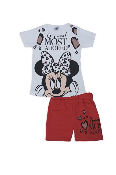 Bebelop Kız Çocuk Mickey Mouse Kalp Baskılı 2'li Alt Üst Şort Takım