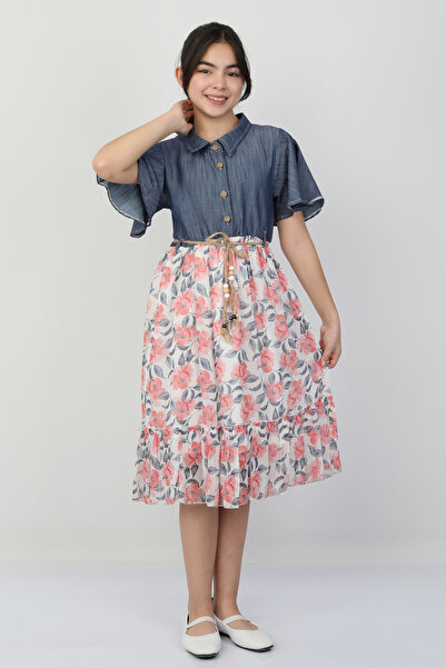 e-çocuk Flower Printed Girl's Denim Dress 26105