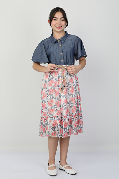 e-çocuk Flower Printed Girl's Denim Dress 26105