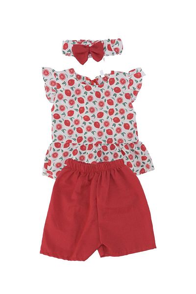 Bebelop Girl's Fruit Patterned Tricotone Dress Suit with Bandanas and Shorts