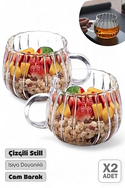 Tilbe Home Set of 2 Striped Cups 250 ml Retro Teacups Coffee Presentation Cup Durable Glass Mug Cup Set