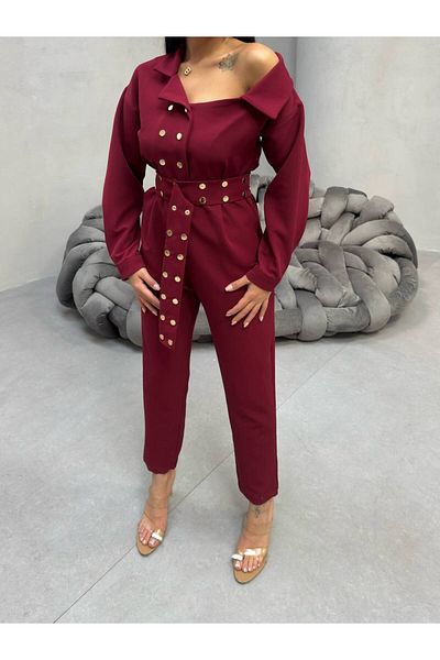 Stil Sepeti   Femei BurgundyPremium Artizan Guler asimetric cu împânzire Fusta de denim cu centură KD-1000KD7250