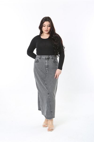 Şans Women's Large Size Smoked Cup Detailed 5 Pocket Long Denim Skirt 65N38892